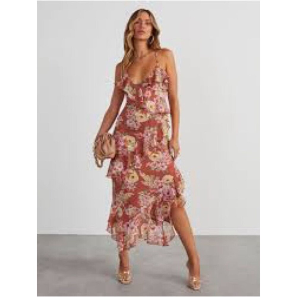 Dress Forum Floral Ruffle Slip Midi Dress - Mauve/Rose - NWT